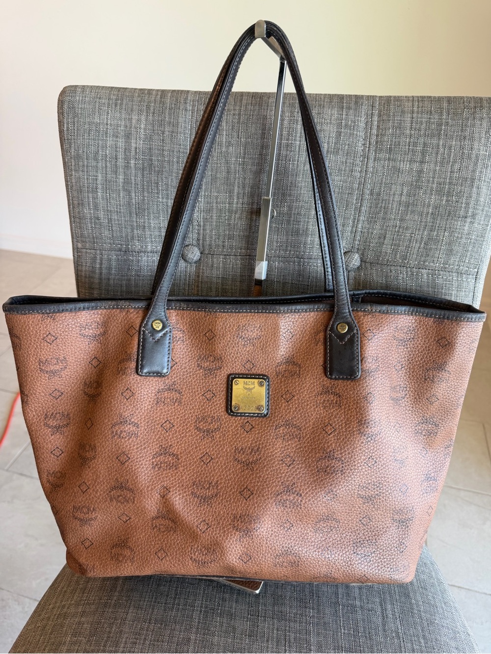 MCM Cognac Logo Tote with Dark Brown Handles